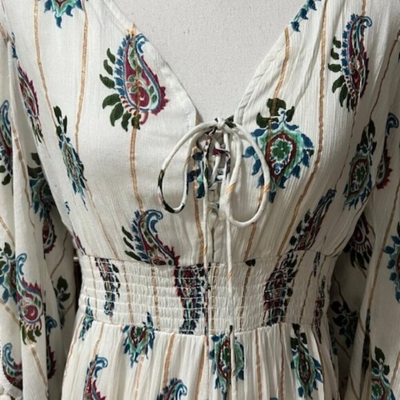 Me 2 Magic Anthropologie White Paisley Maxi Dress Pom Pom Sleeves Hippie Size M - Picture 3 of 10